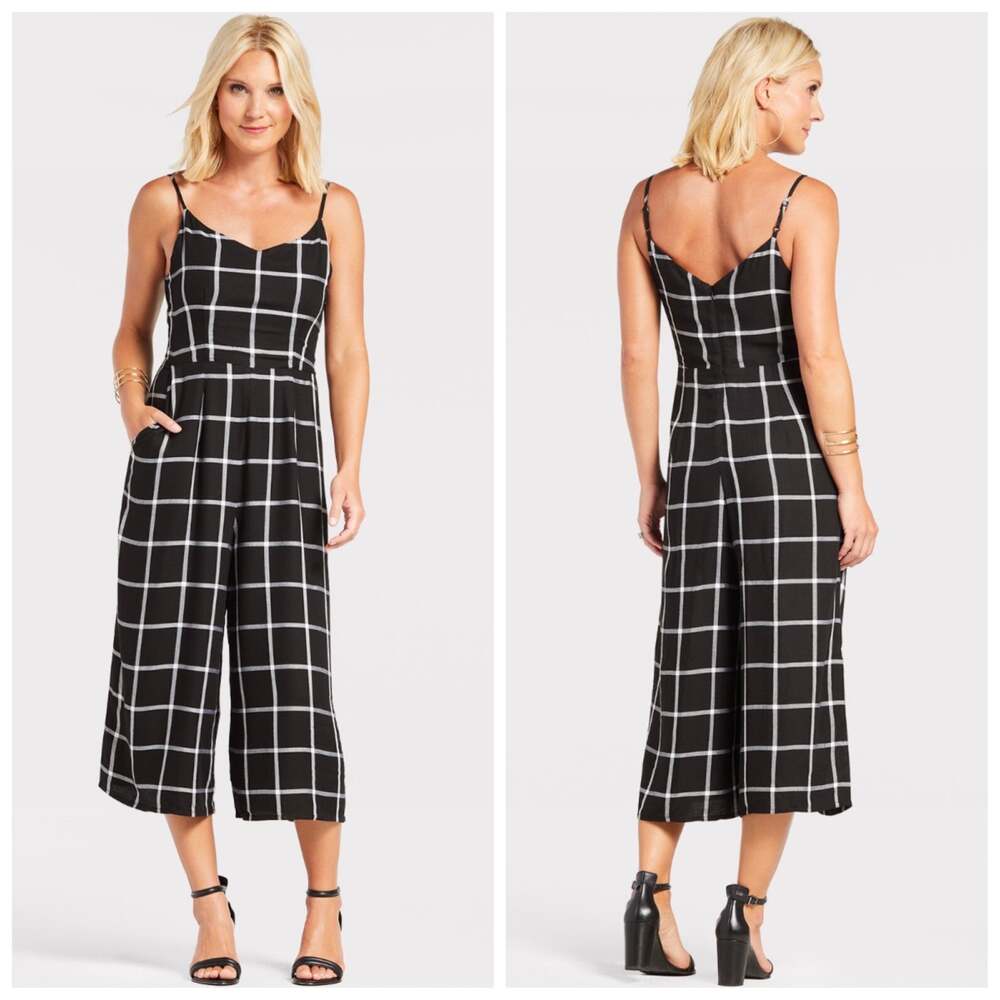 Black Windowpane Plaid Cropped Jumpsuit